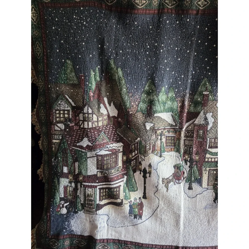 Chatham Christmas Village Throw Royal Tapestry Vintage Cotton USA